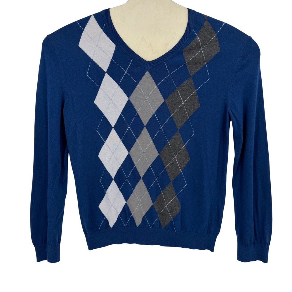 Banana Republic Men Cotton Silk Blend Sweater L Blue]Argyle V-Neck I18